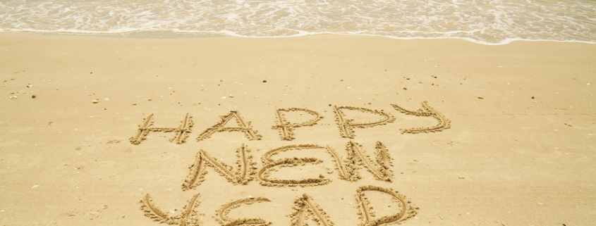 Happy New Year Message written on the beach sand