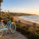 Bicycle on boardwalk overlooking beach