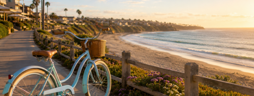 Bicycle on boardwalk overlooking beach